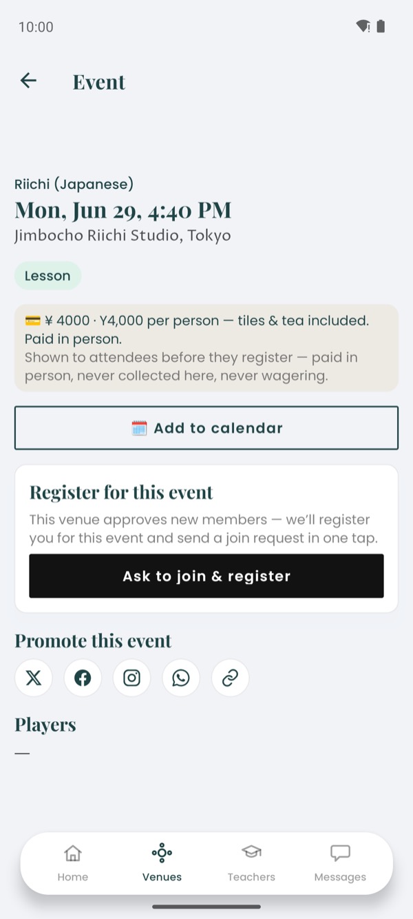 Luv Mahjong event screen — RSVP to a session and register in one tap
